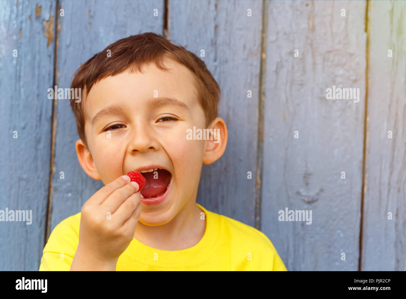 Bambino kid little boy mangiare frutta lamponi Lamponi estivi copyspace copia spazio all'aperto all'aperto al di fuori la molla Foto Stock