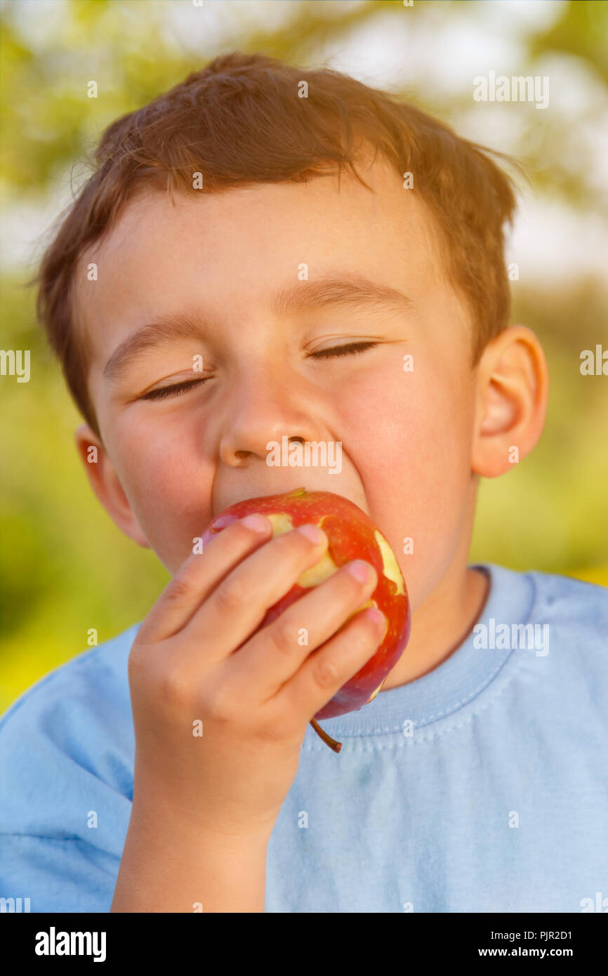 Bambino kid little boy mangiare frutta apple all'aperto all'aperto al di fuori del formato ritratto primavera la natura Foto Stock