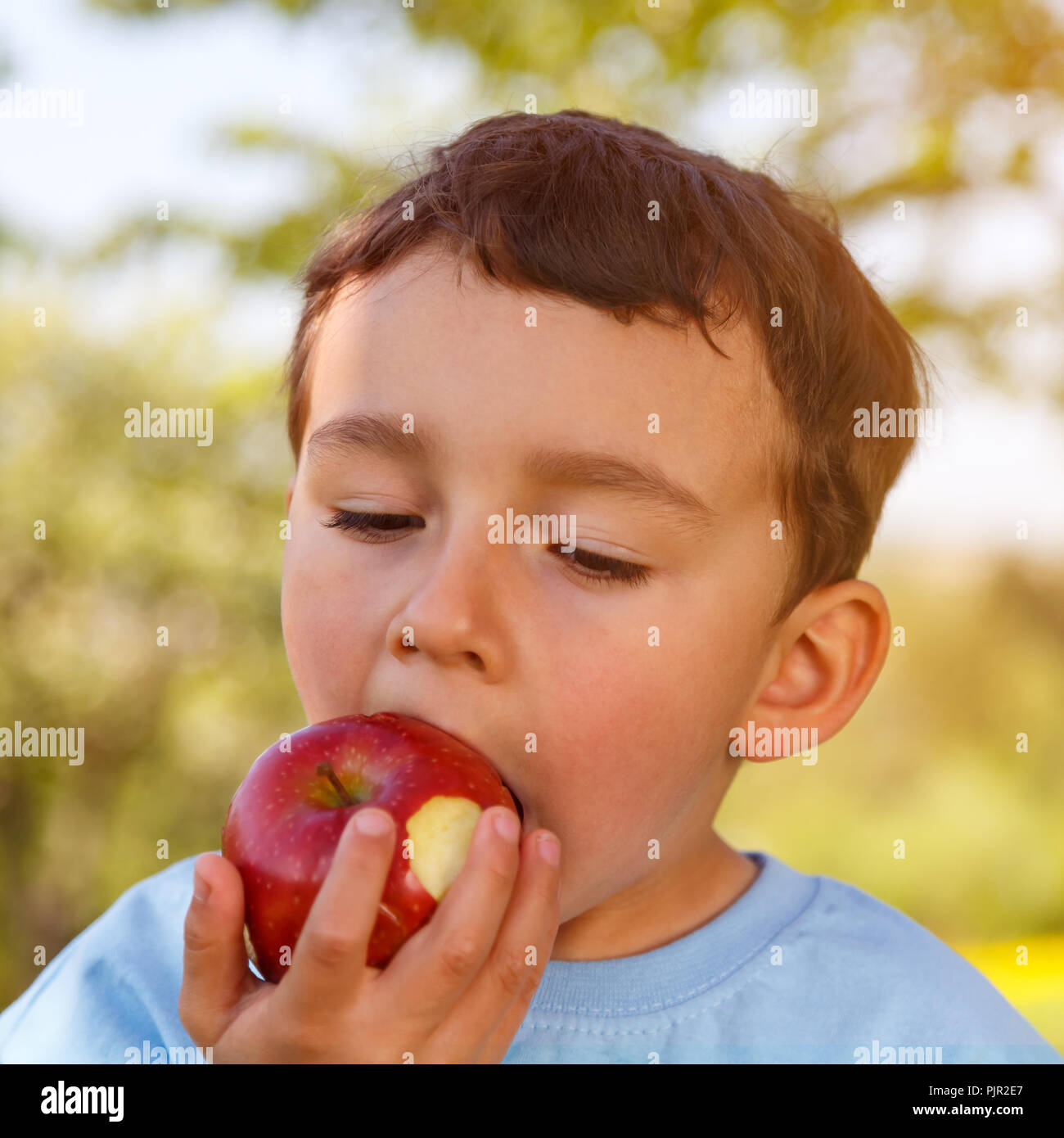 Bambino kid little boy mangiare frutta apple piazza all'aperto all'aperto al di fuori di primavera la natura Foto Stock