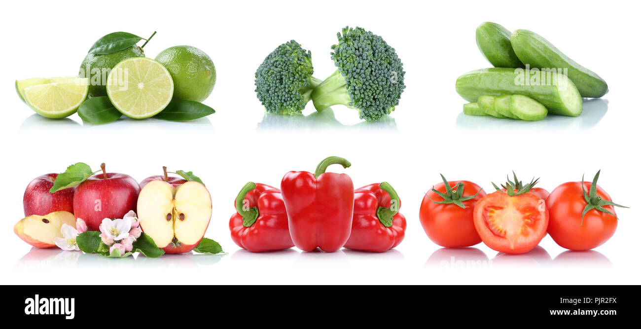 Frutta e verdura raccolta apple isolato colori pomodori frutta fresca su sfondo bianco Foto Stock