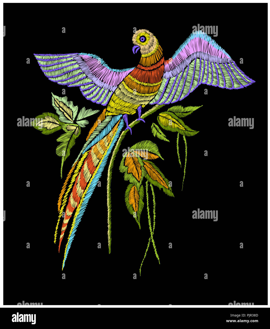 Modello di ricamo con pappagallo e foglie tropicali. Illustrazione Vettoriale disegnato a mano. T-shirt print design. Foto Stock