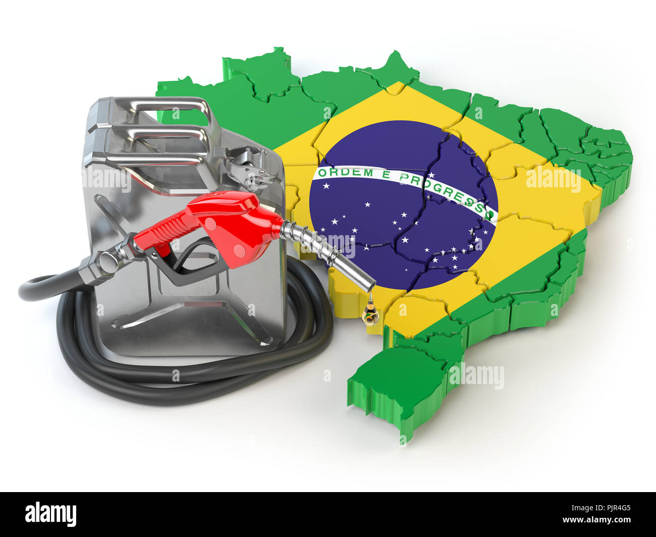 La benzina e il consumo di benzina e la produzione in Brasile. Mappa del Brasile con bidone e pompa a gas ugello. 3d illustrazione Foto Stock