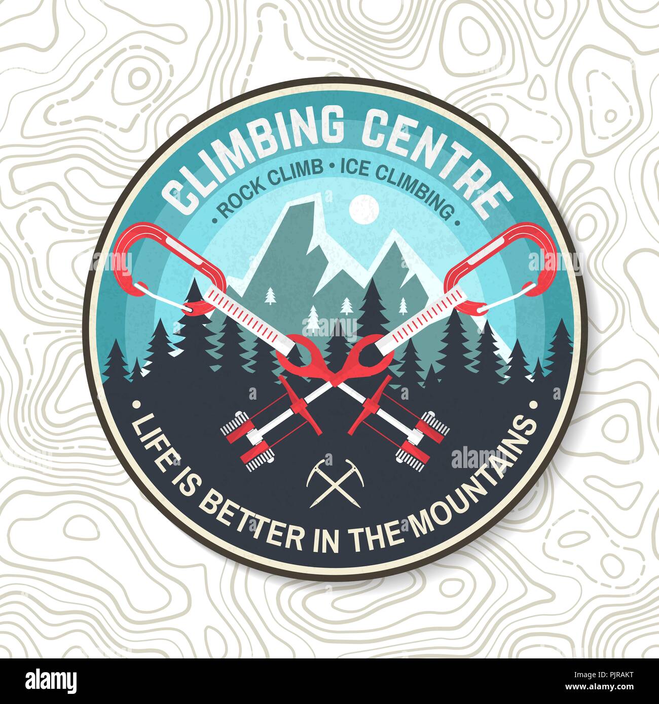 Club di arrampicata badge. Vettore. Concetto per una camicia o un logo, stampa, timbro o il raccordo a t. Vintage design tipografia con moschettoni, arrampicata camme, hexes e silhouette di montagna. Avventura estrema. Illustrazione Vettoriale