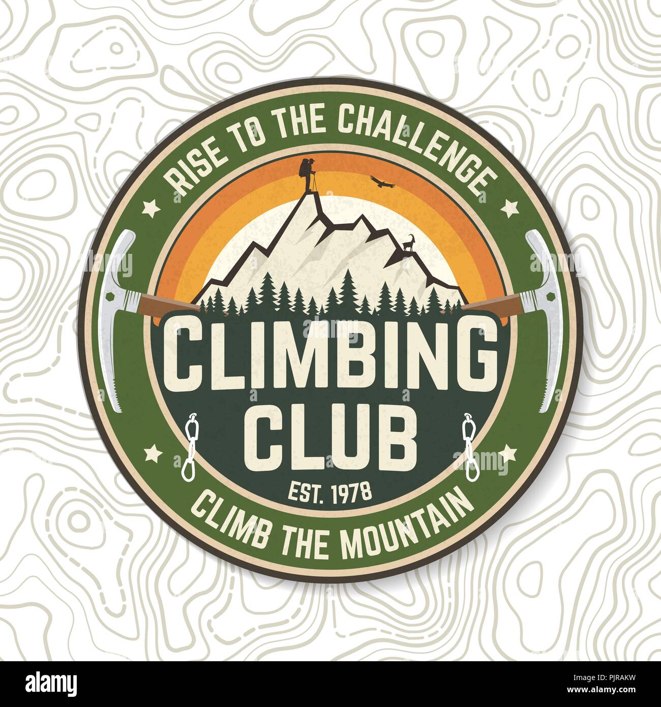 Club di arrampicata badge. Vettore. Concetto per una camicia o un logo, stampa, timbro o il raccordo a t. Vintage design tipografia con ghiaccio ax, arrampicata su roccia di capra e silhouette di montagna. Avventura all'aperto emblema. Illustrazione Vettoriale