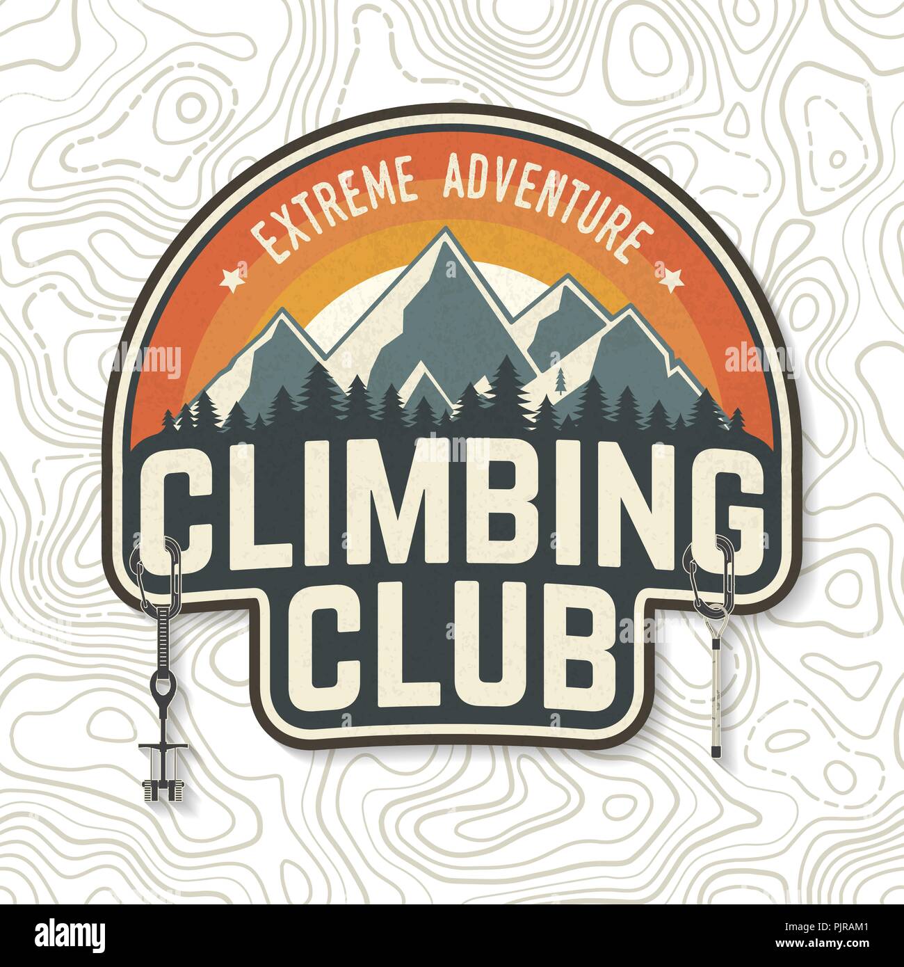 Club di arrampicata badge. Vettore. Concetto per una camicia o un logo, stampa, timbro o il raccordo a t. Vintage design tipografia con moschettoni, arrampicata camme, hexes e silhouette di montagna. Avventura estrema. Illustrazione Vettoriale