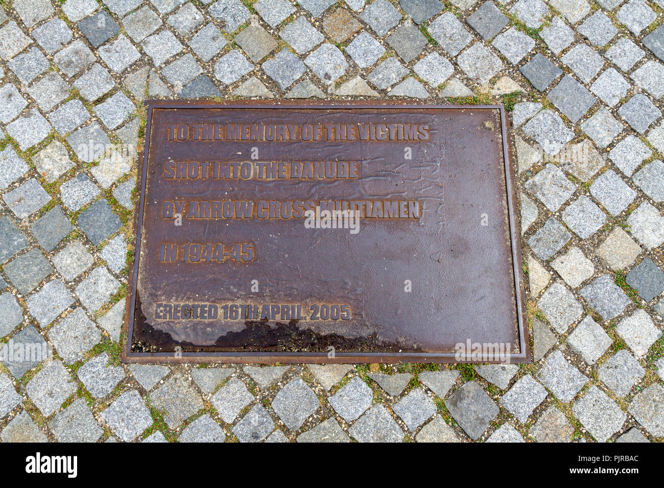 Marcatura della placca le scarpe sulla sponda del Danubio concepito da può Togay scolpito da Gyula Pauer, il fiume Danubio, Budapest, Ungheria. Foto Stock