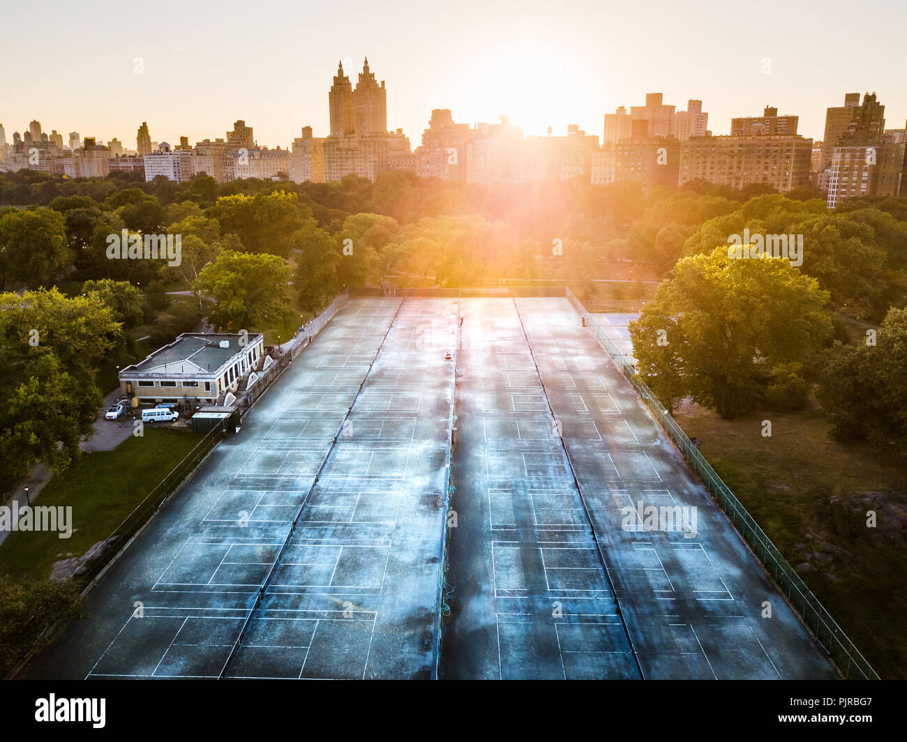 Campi da tennis in New York, Central Park in autunno vista aerea Foto Stock