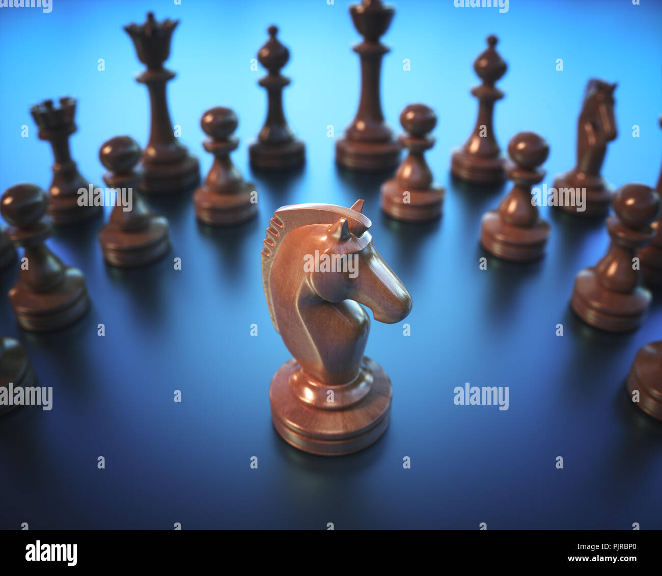 Il cavaliere in evidenziare. Pezzi di gioco di scacchi, immagine con profondità di campo ridotta. Foto Stock