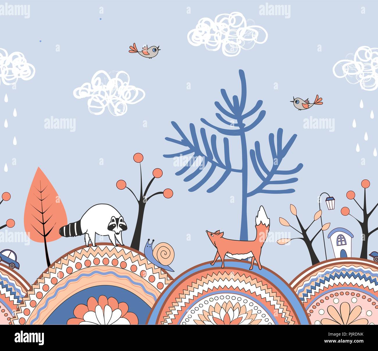 Carino doodle seamless pattern con cartoon ornati colline, alberi e gli animali del bosco. Confine con clima autunnale paesaggio. Illustrazione Vettoriale Illustrazione Vettoriale