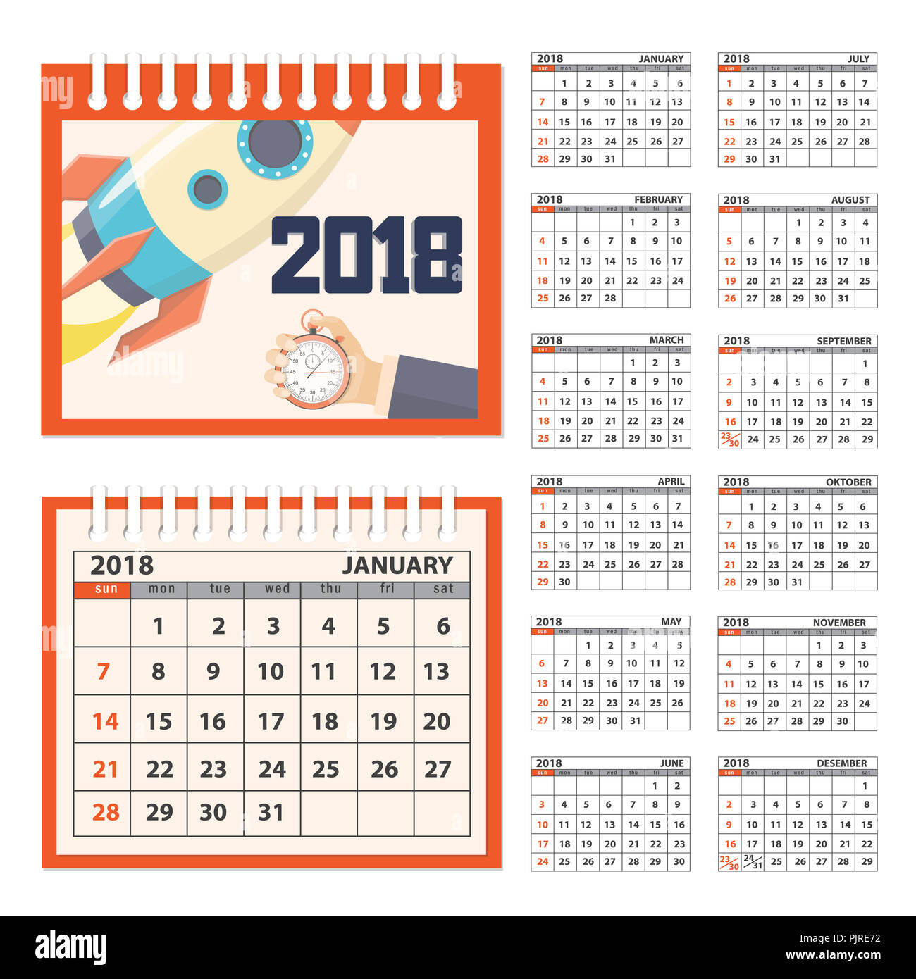 Calendario aziendale per escursioni su 2018 anno. Set di dodici mesi le pagine isolato con immagine sulla copertina. Settimana comincia domenica. eps 10 Foto Stock