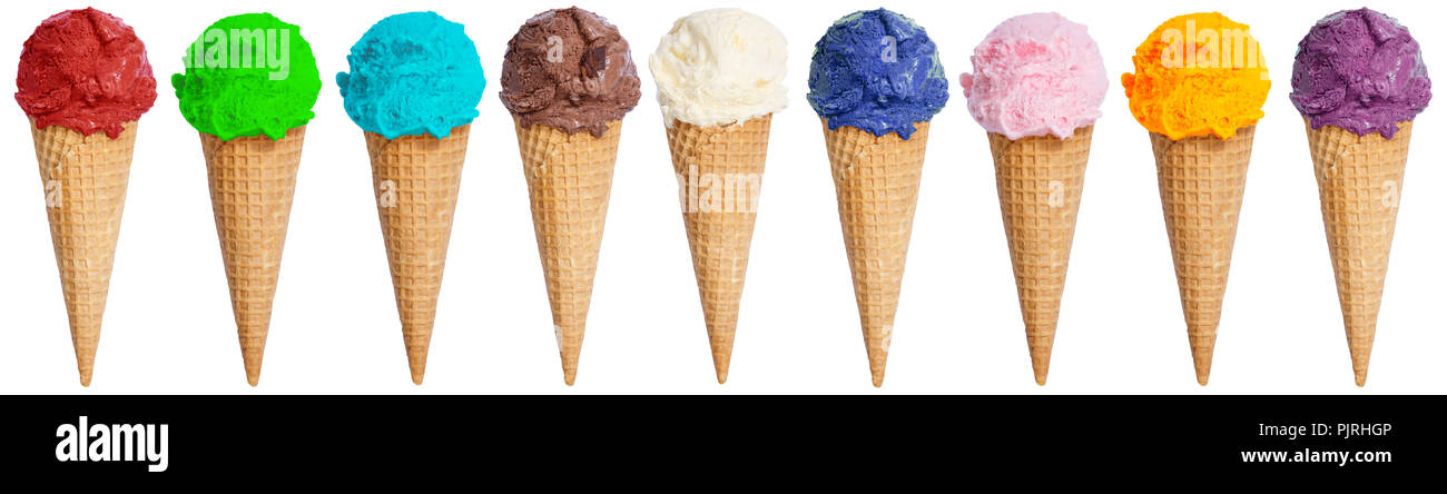 Ice Cream scoop collezione cono gelato in una fila di gelato estate isolato su uno sfondo bianco Foto Stock