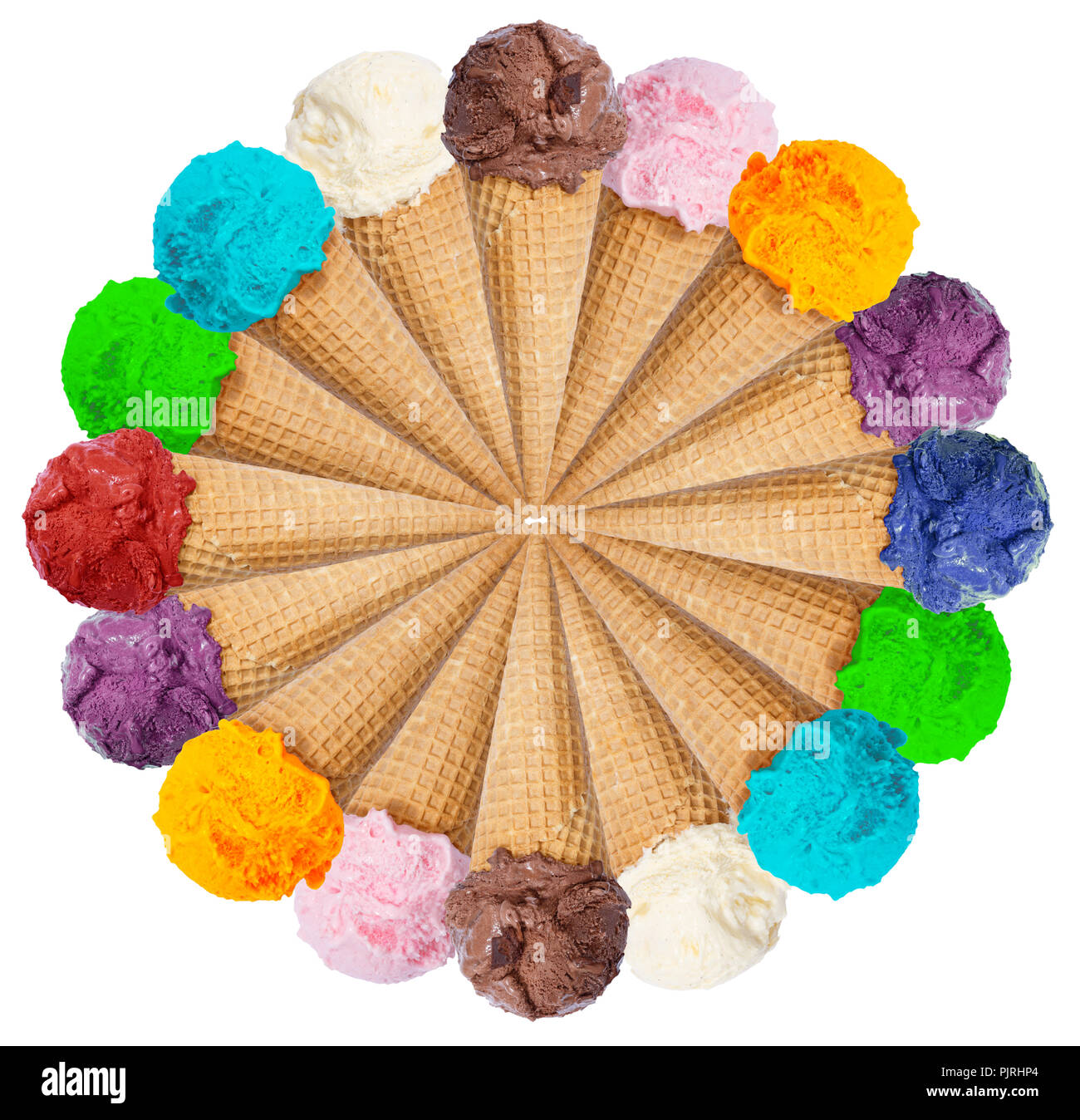 Ice Cream scoop cerchio raccolta cono gelato Gelato estate isolato su uno sfondo bianco Foto Stock
