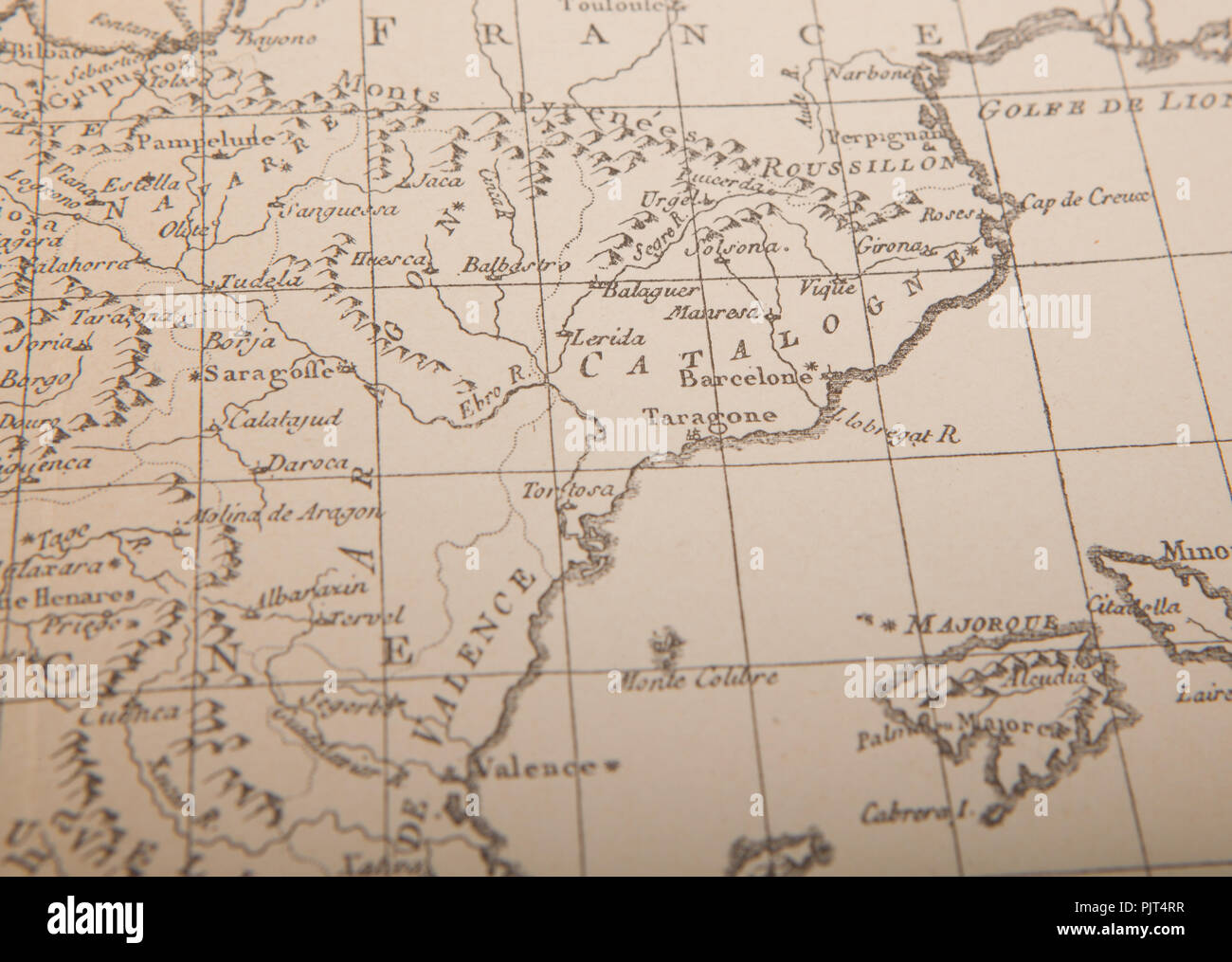 Mappa vecchia di catalogna.Vintage map della Catalogna, storico. Foto Stock