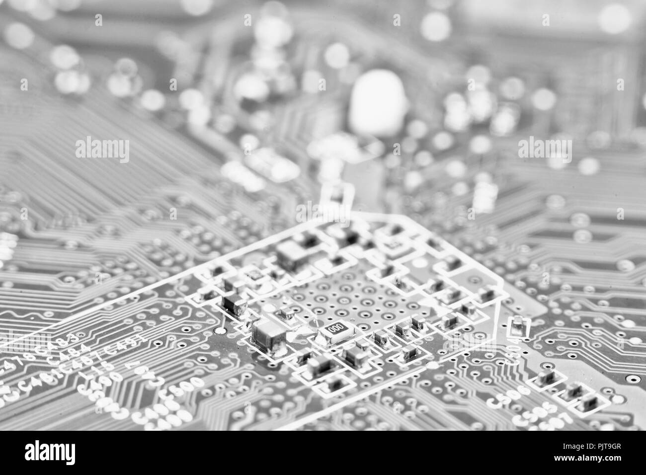 Sfocato scheda di circuito in luce come il concetto di tecnologia e futuro micro technology e il computer Foto Stock