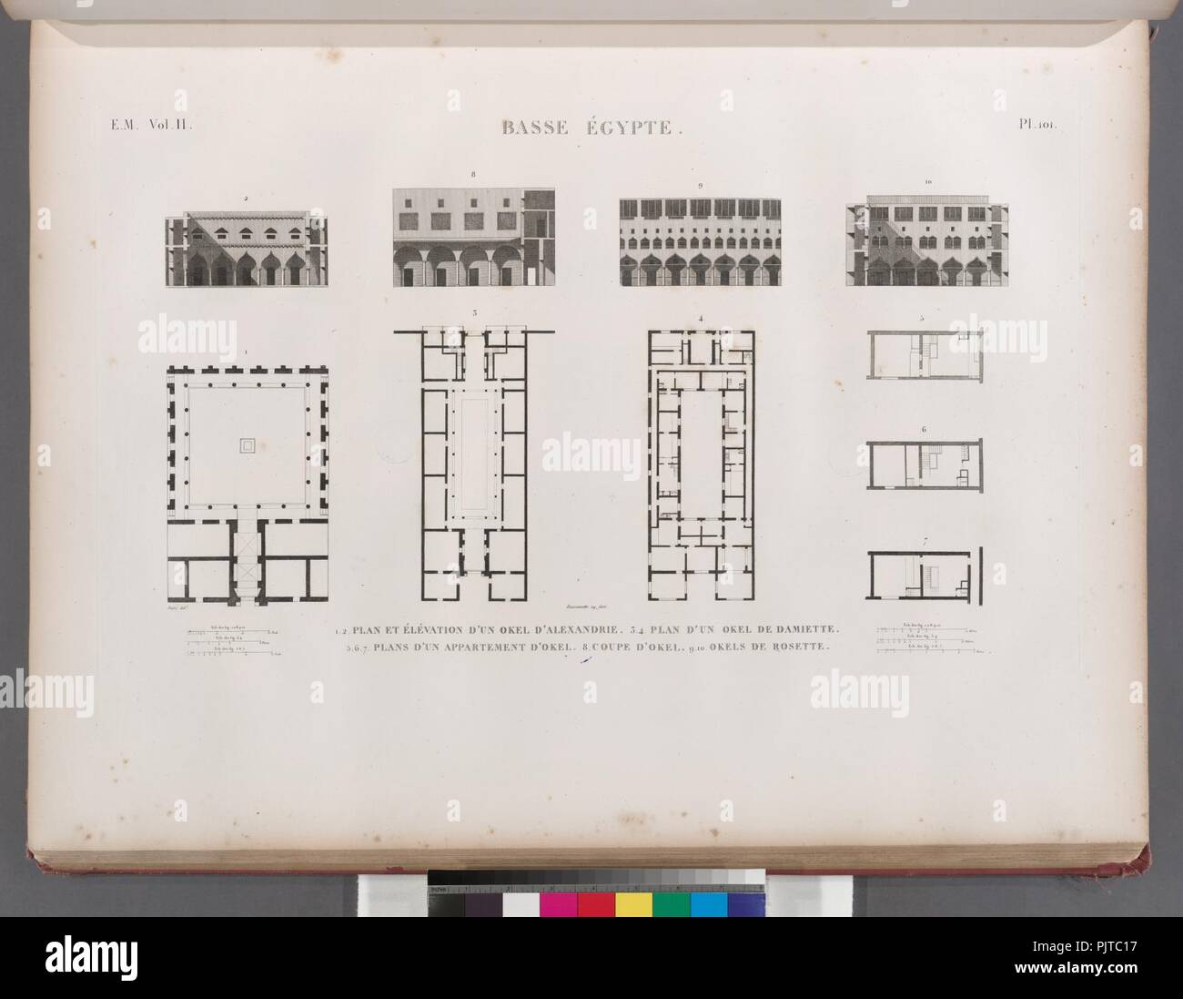 Basse Egypte. 1.2. Plan et élévation d'onu okel d'Alexandrie; 3.4. Il piano d'onu okel de Damiette; 5-7. Piani d'onu appartement d'okel; 8. Coupe d'okel; 9.10. Okels de Rosette Foto Stock