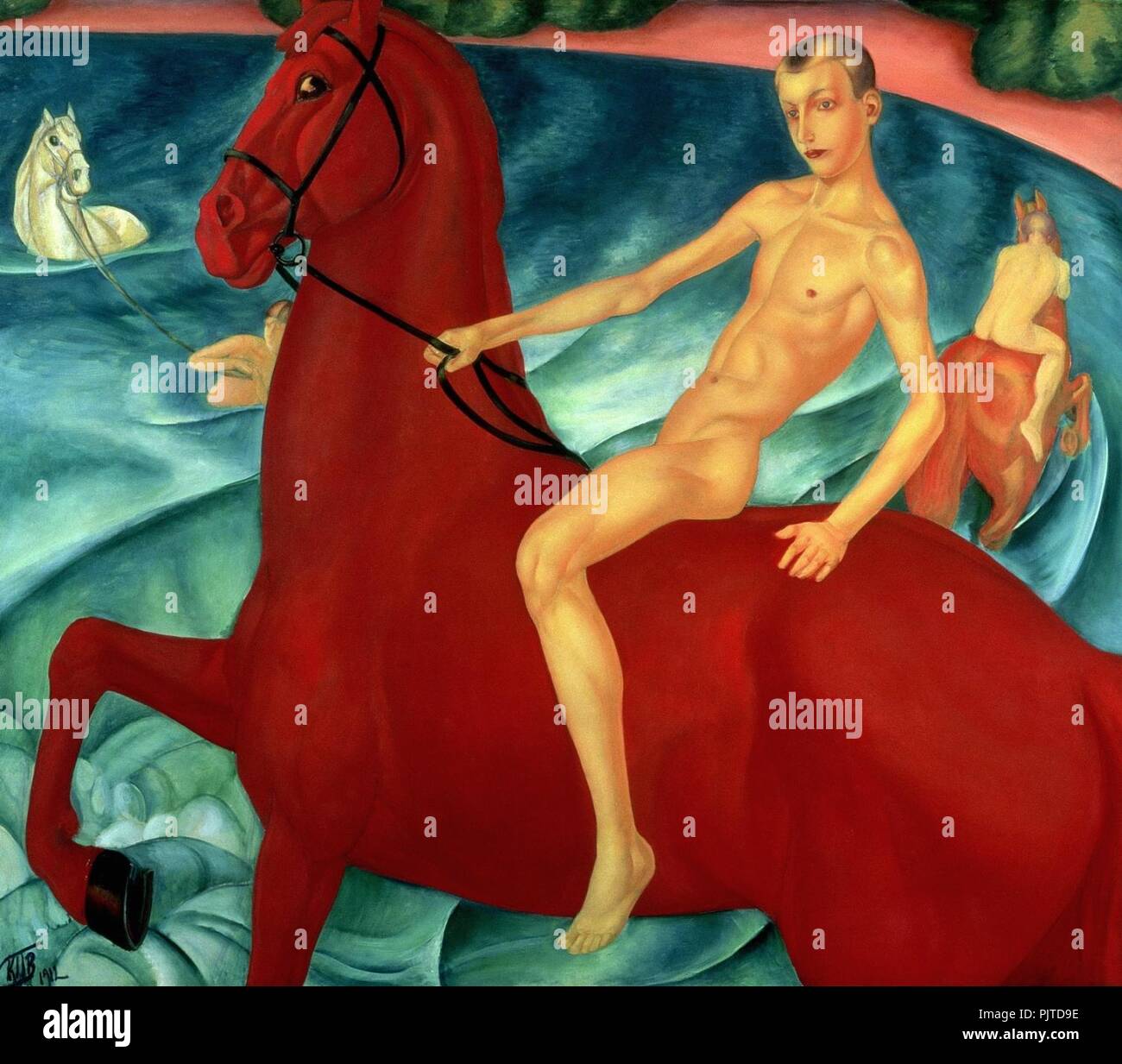 Il bagno di un cavallo rosso (Petrov-Vodkin). Foto Stock
