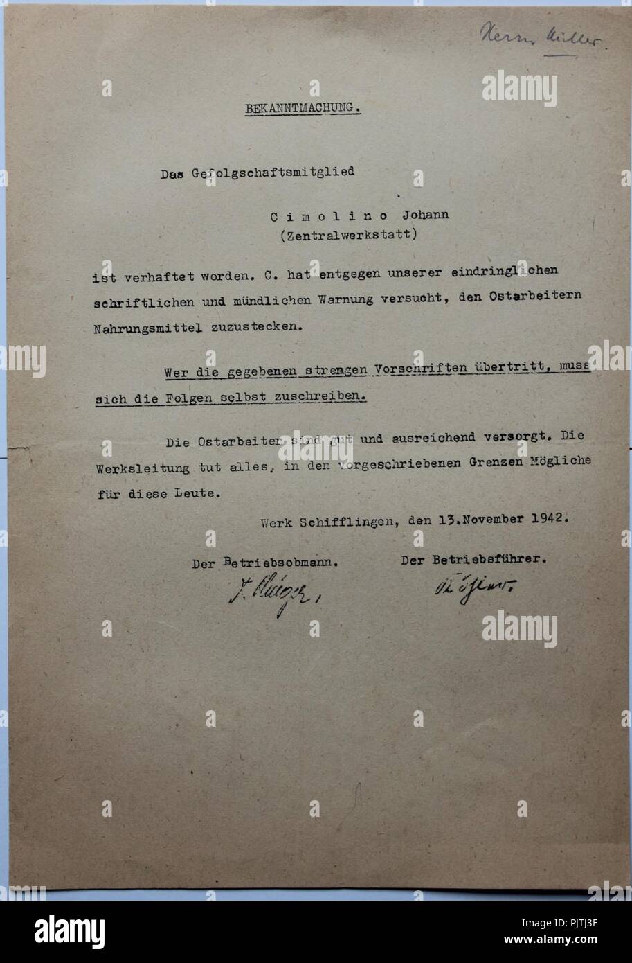 Bekanntmachung Ostarbeiter Verhaftung Arbed Schifflingen 15. Novembre 1942. Foto Stock