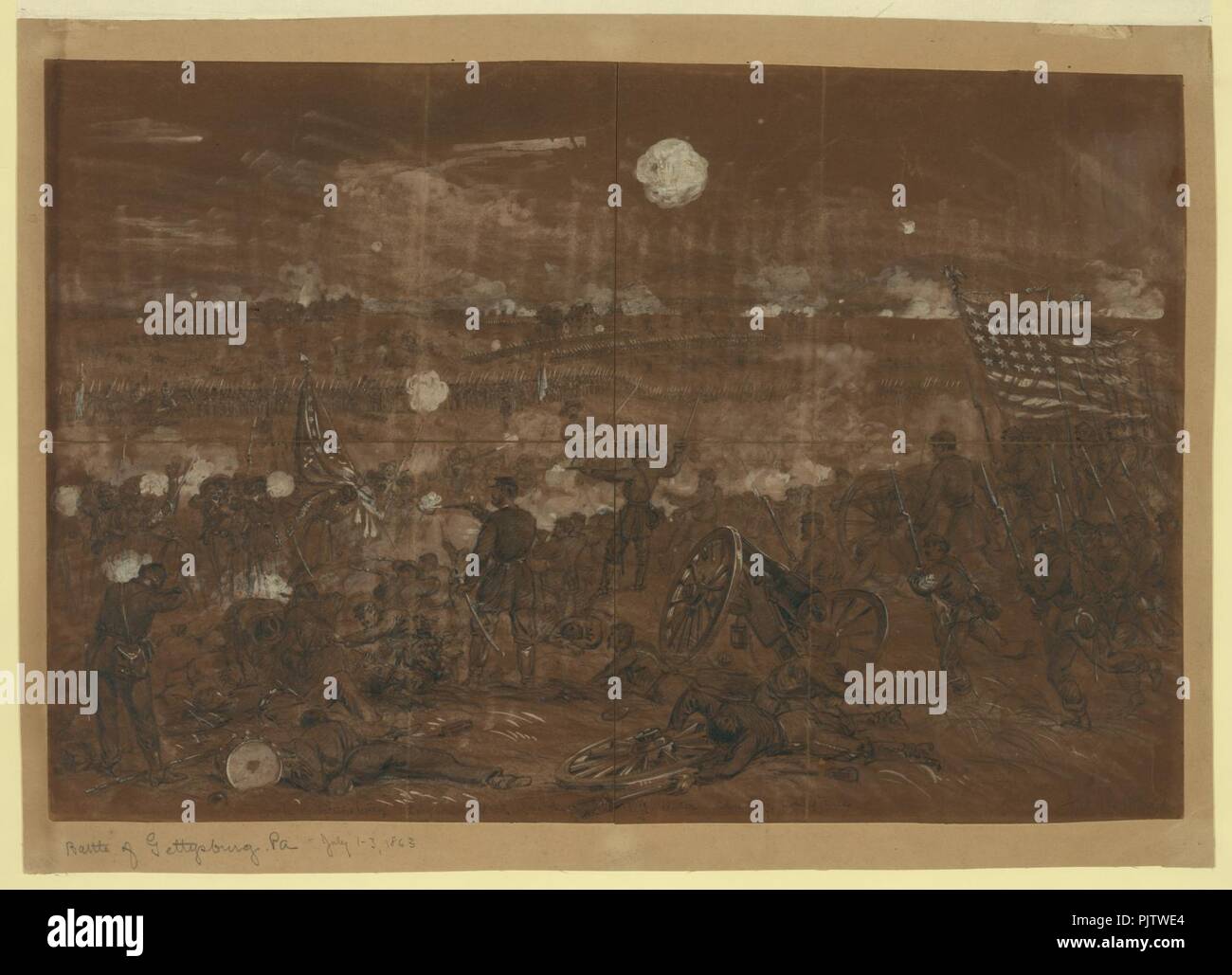 Battaglia di Gettysburg. Longstreet di attacco al centro a sinistra delle linee di unione. Blue Ridge in distanza Foto Stock