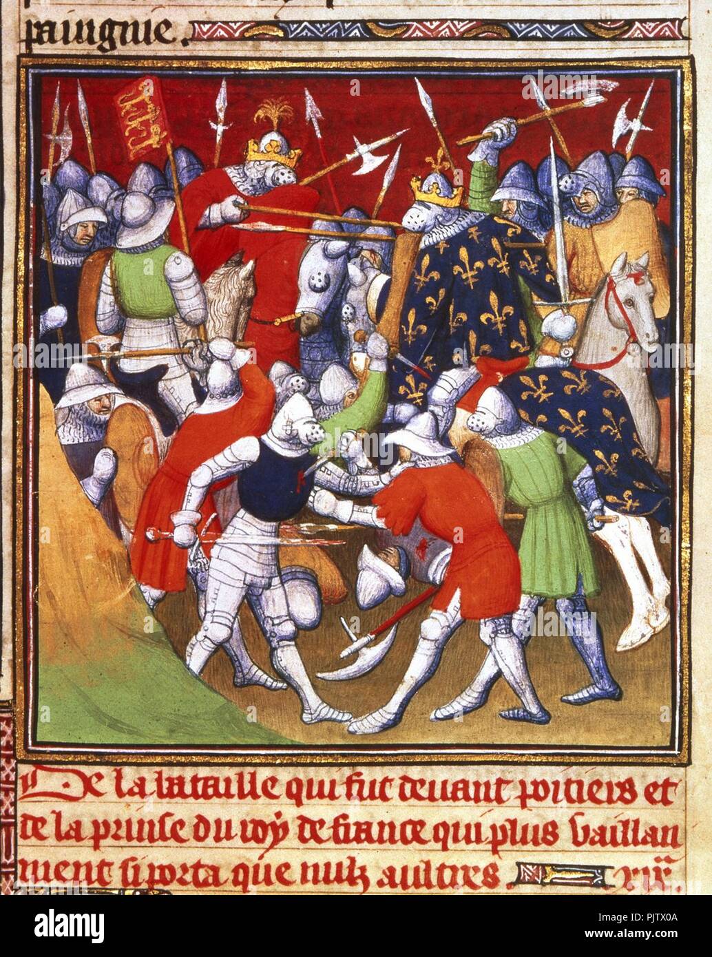 Battaglia di Poitiers - Grandes Chroniques de France (c.1415), f.166 - BL MS di cotone nero E II. Foto Stock