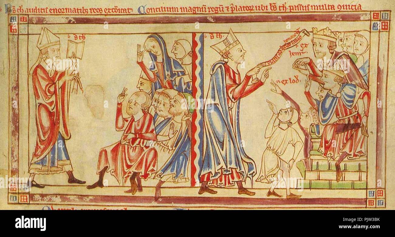 Becket scomunica il colpevole, e incontra il re - Becket foglie (c.1220-1240), f. 2r - BL prestito 88 MS. Foto Stock