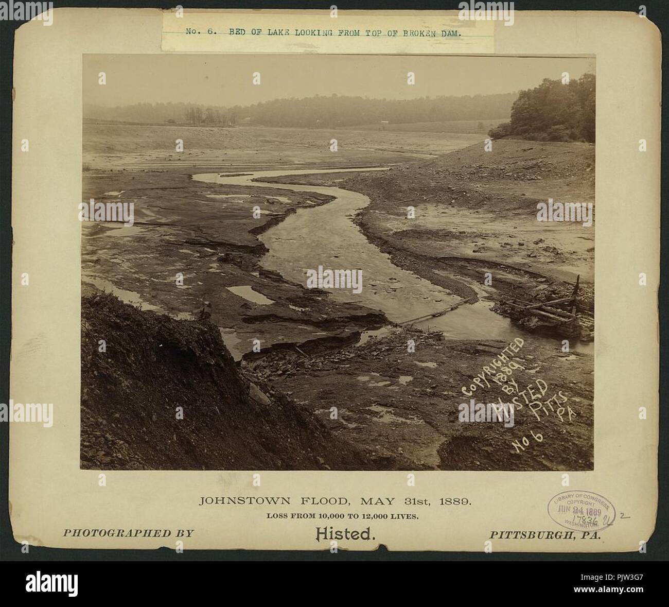 Letto di lago guardando dalla parte superiore della diga rotto, Johnstown flood, Maggio 31st, 1889 Foto Stock