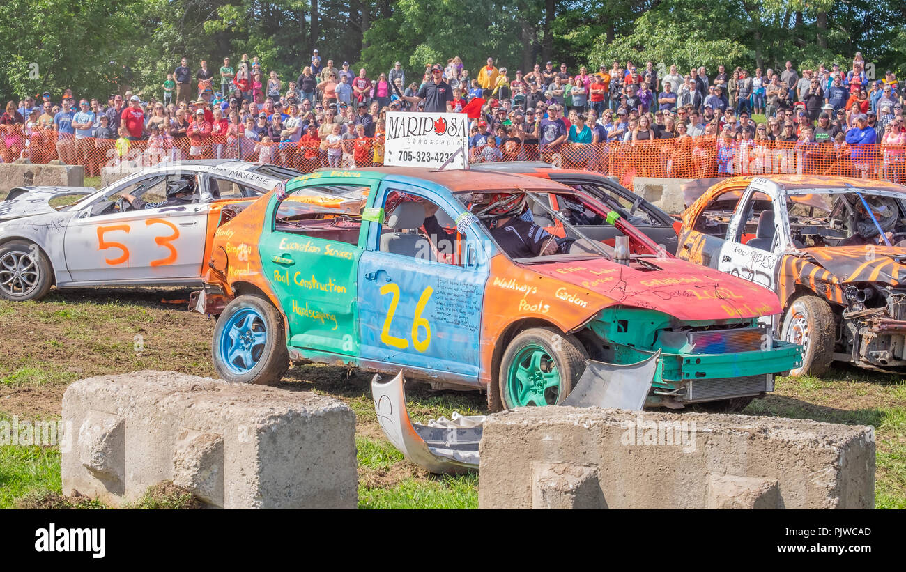 Una manifestazione popolare a molte fiere di caduta del Demolition derby attira molti spettatori. Foto Stock