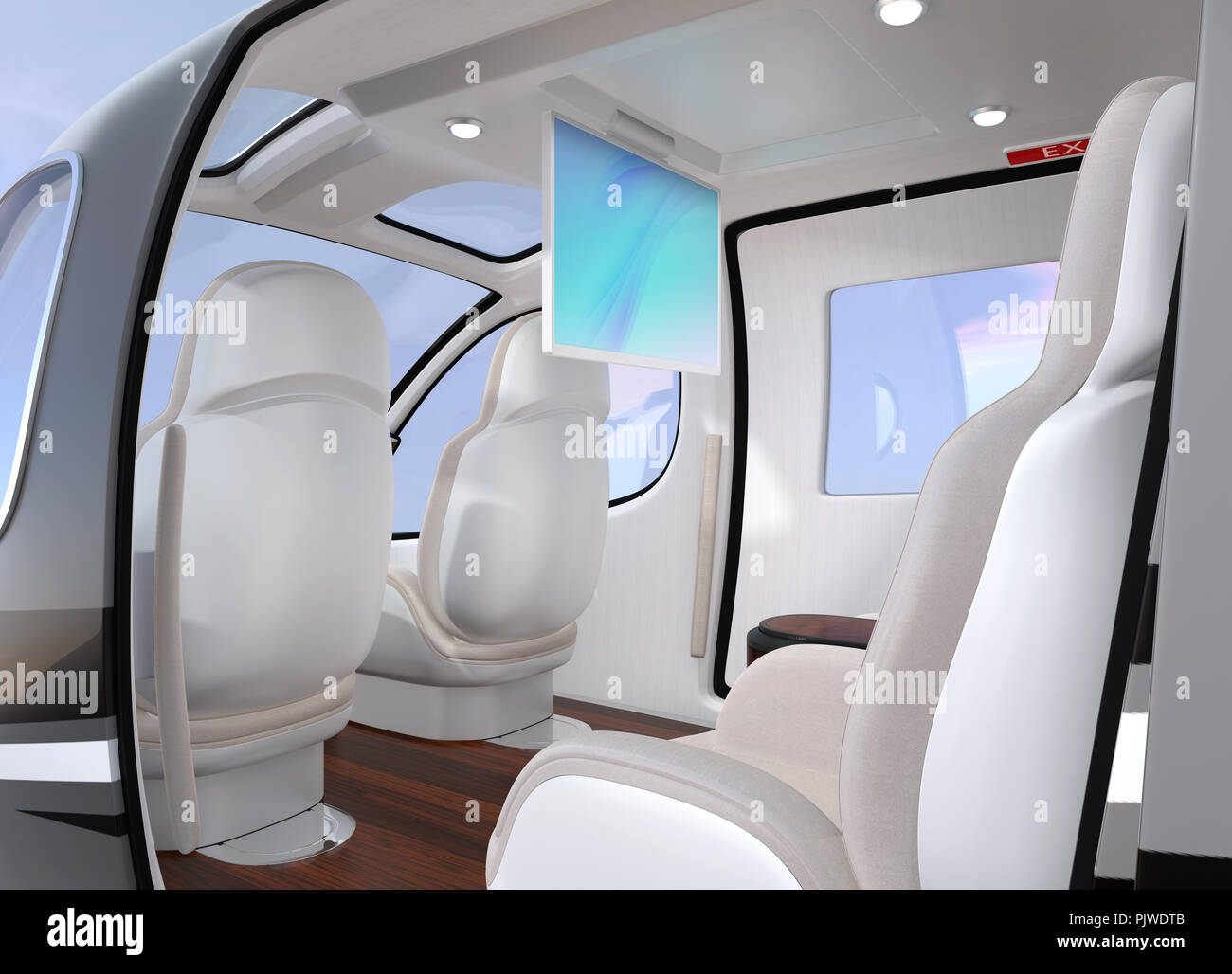 Interno del Drone passeggero dotato di montato a soffitto monitor. Il rendering 3D'immagine. Foto Stock