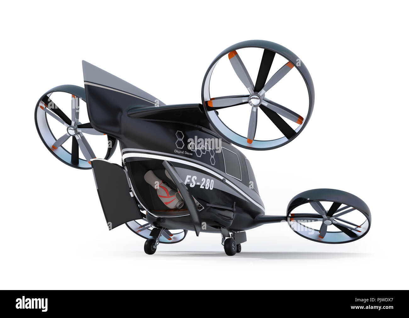 Vista posteriore del passeggero Drone Taxi su helipad. Portellone posteriore e apertura porta laterale. Sacche da golf nel tronco posteriore nello spazio. Il rendering 3D'immagine. Foto Stock