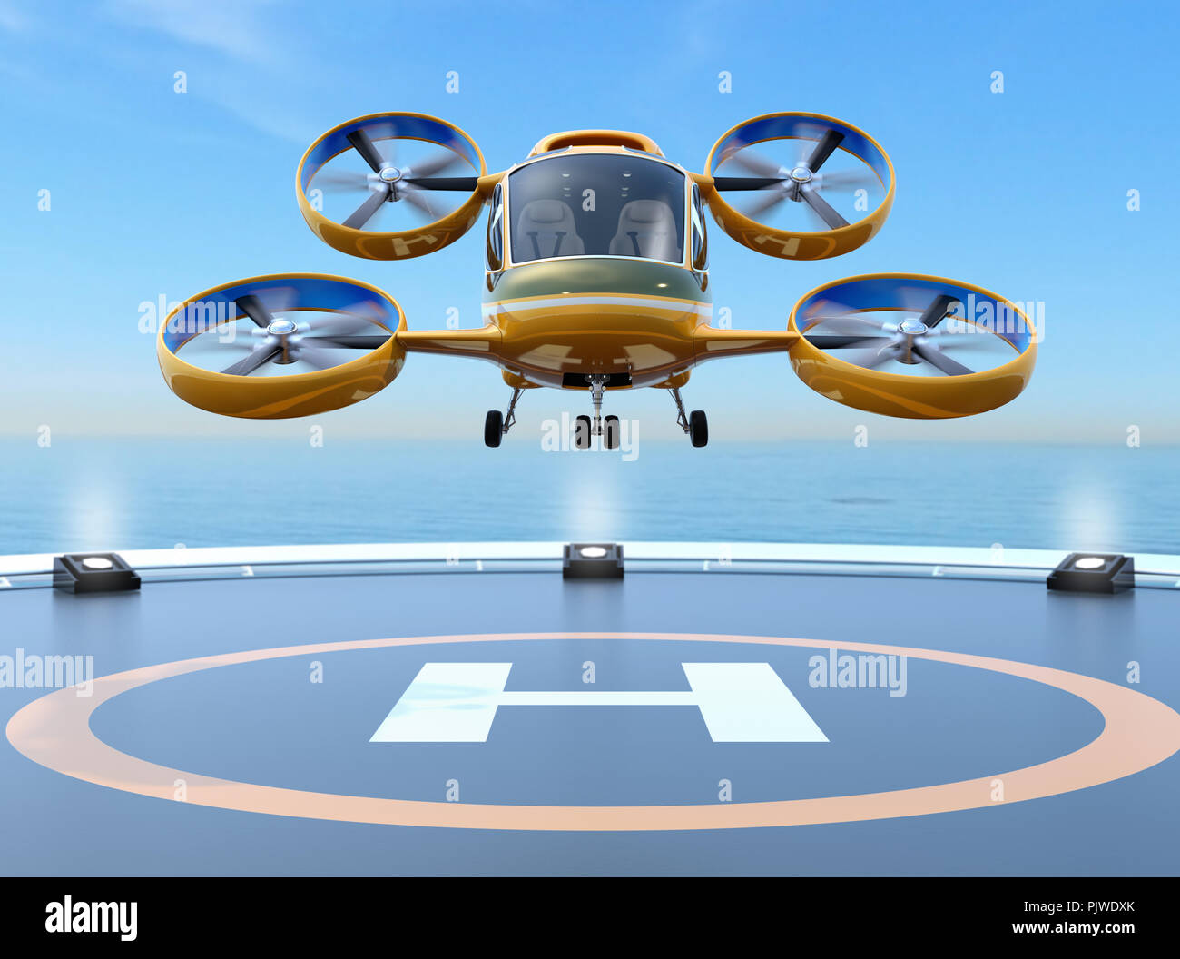 Vista anteriore del passeggero giallo Taxi Drone decollo dall eliporto sul tetto di un grattacielo. Il rendering 3D'immagine. Foto Stock