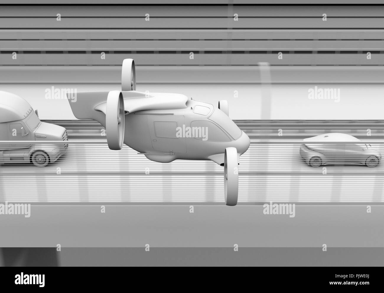 Il rendering di argilla del Drone passeggeri Taxi battenti accanto al carrello americano su autostrada. Il rendering 3D'immagine. Foto Stock