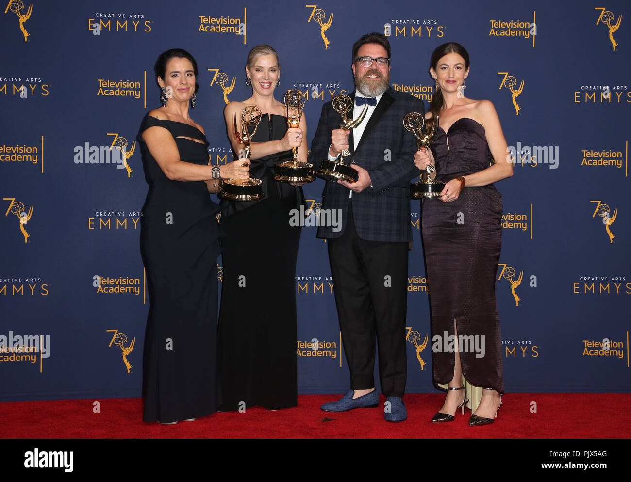 Los Angeles, Ca, Stati Uniti d'America. 8 Sep, 2018. Martha Sparrow, Rob Hepburn, Elizabeth Williams, al 2018 Creative Arts Emmy Awards-Press camera presso il Teatro di Microsoft L.A. Vive a Los Angeles, la California il 8 settembre 2018. Credito: Faye Sadou/media/punzone Alamy Live News Foto Stock