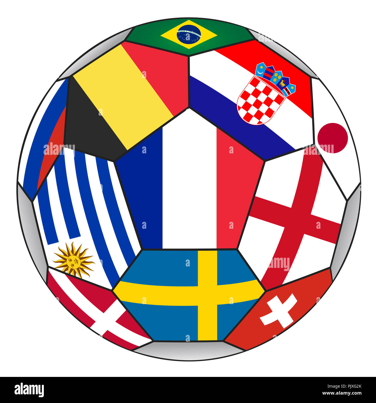 Pallone da calcio con vari flag isolato su sfondo bianco - campione del mondo Foto Stock