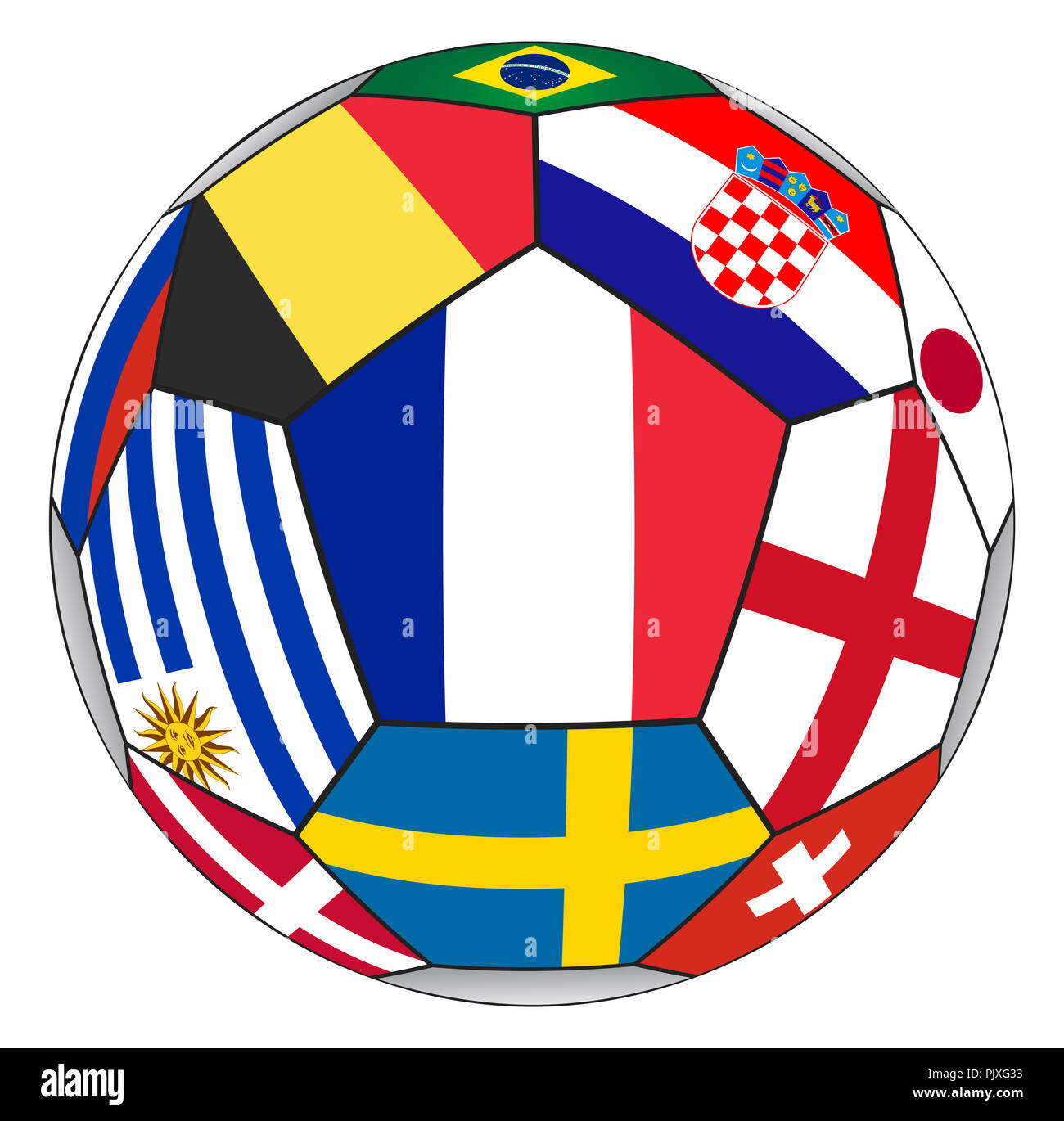 Pallone da calcio con vari flag isolato su sfondo bianco - campione del mondo Foto Stock
