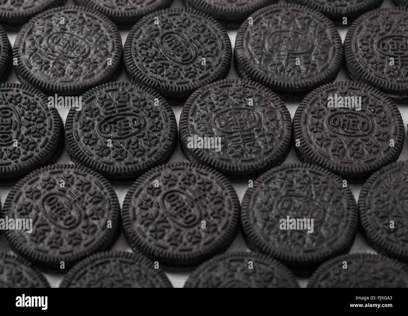 LONDON, Regno Unito - 05 settembre 2018: Oreo cookie macro.wafer al cioccolato con ripieno di panna. Foto Stock