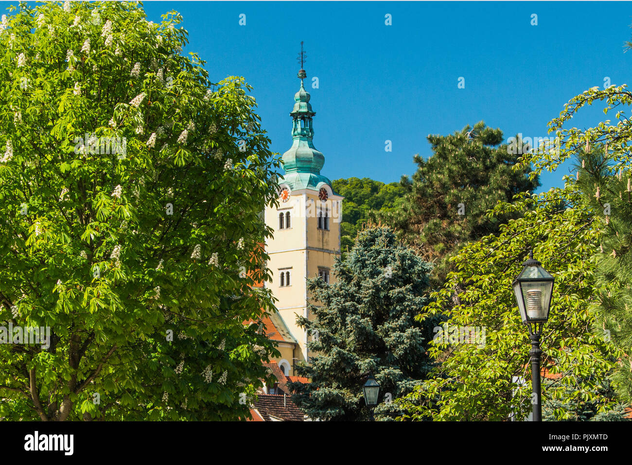 La Chiesa cattolica e il fiume nel centro di Samobor, città nel nord della Croazia Foto Stock