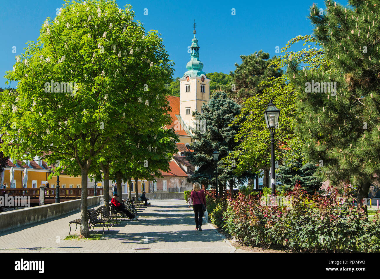 La Chiesa cattolica e il fiume nel centro di Samobor, città nel nord della Croazia Foto Stock