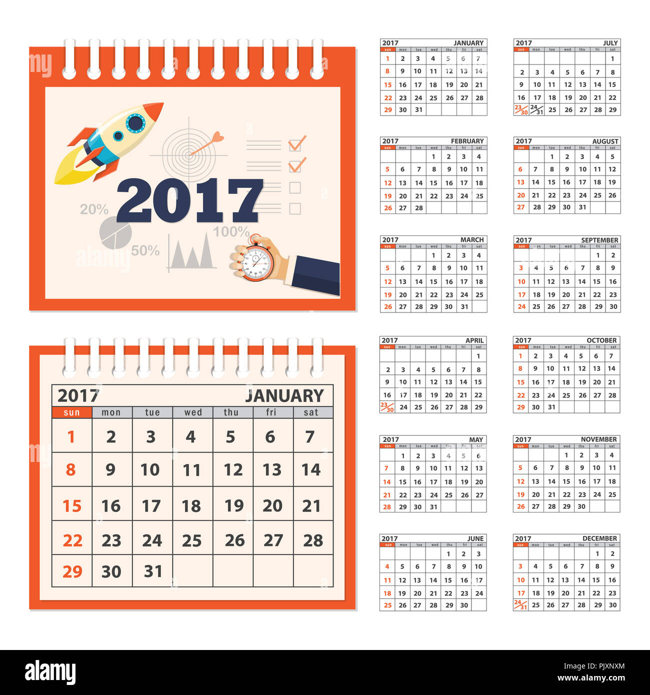 Calendario aziendale per escursioni su 2017 anno. Set di dodici mesi le pagine isolato con immagine sulla copertina. Settimana comincia domenica. eps 10 Foto Stock