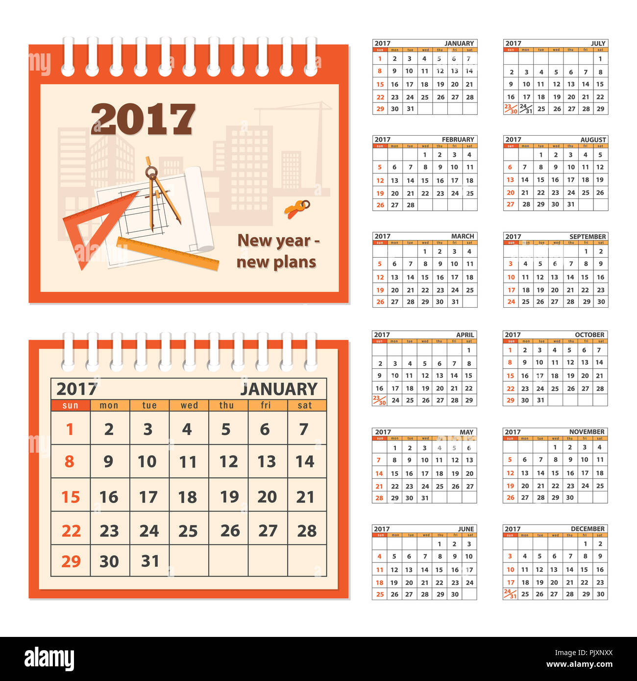 Calendario aziendale per escursioni su 2017 anno. Set di dodici mesi le pagine isolato con immagine sulla copertina. Settimana comincia domenica. eps 10 Foto Stock