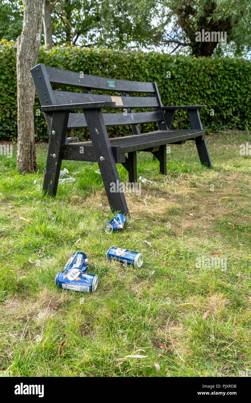Vuoto di lattine di birra su erba accanto a una panchina nel parco Foto Stock