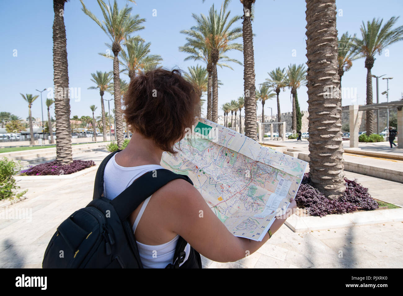 Chiudere ritratto di donna da dietro mentre cerca sulla mappa di Gerusalemme Foto Stock