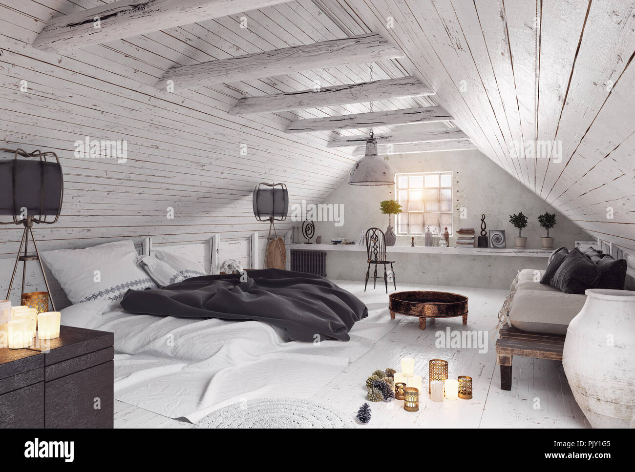 Attico moderno design della camera da letto. 3D rendering concetto interno Foto Stock