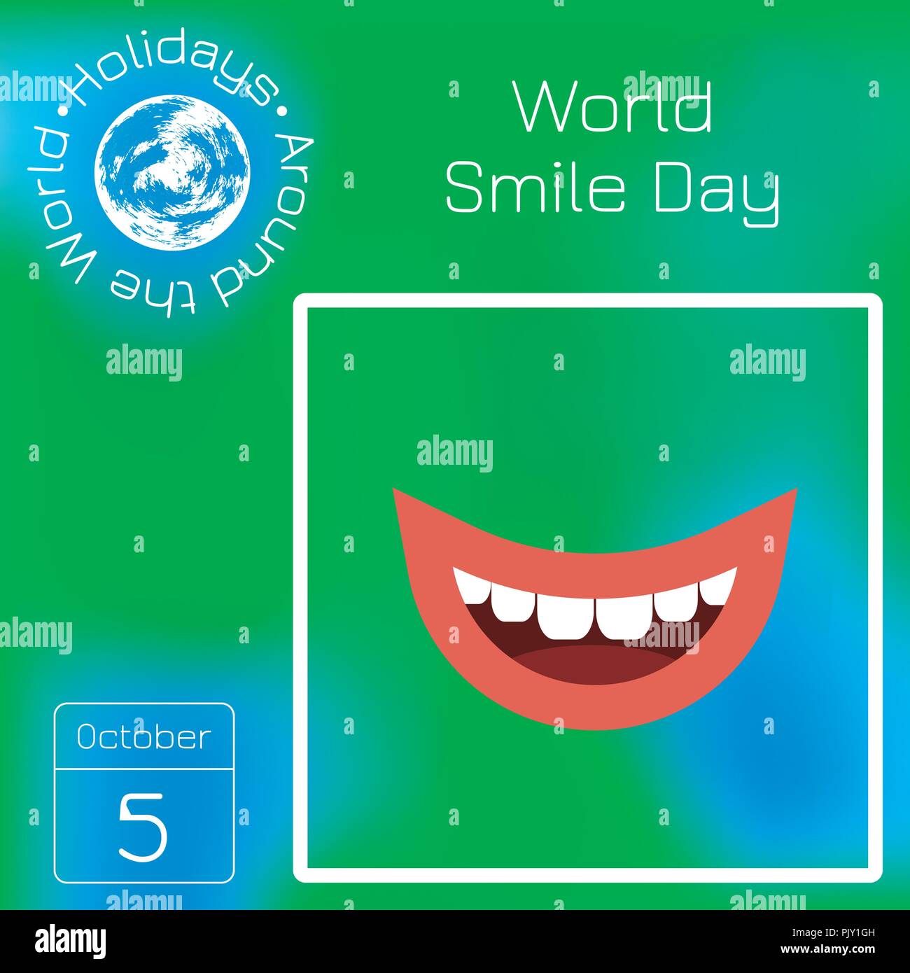Mondo sorriso giorno. Calendario. Vacanze in tutto il mondo. Green blur sullo sfondo - nome, data di illustrazione Illustrazione Vettoriale