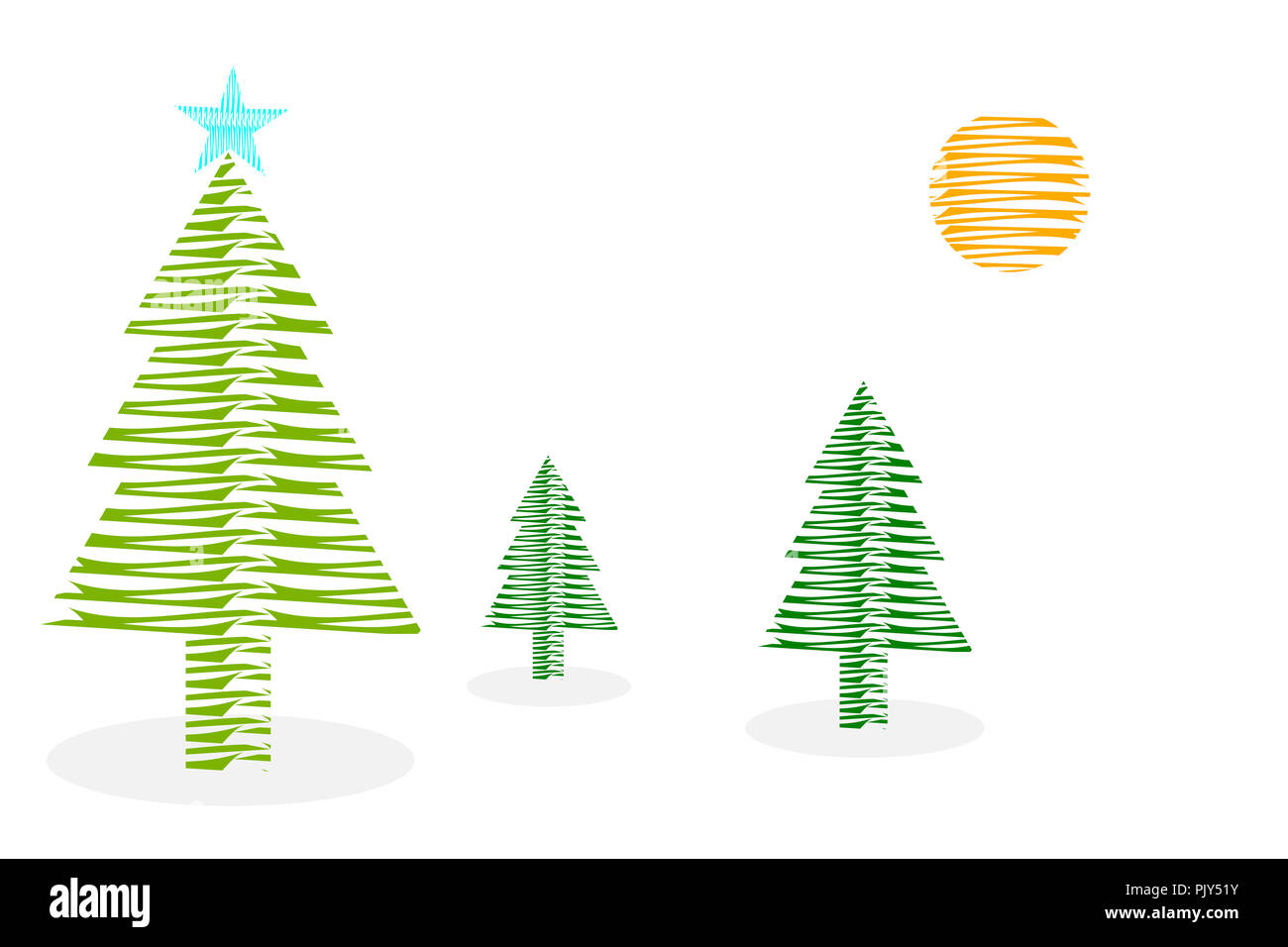Line art texture verde di alberi di Natale con la luce blu star e sun. Concetti di Buon Natale e felice anno nuovo tema. Foto Stock