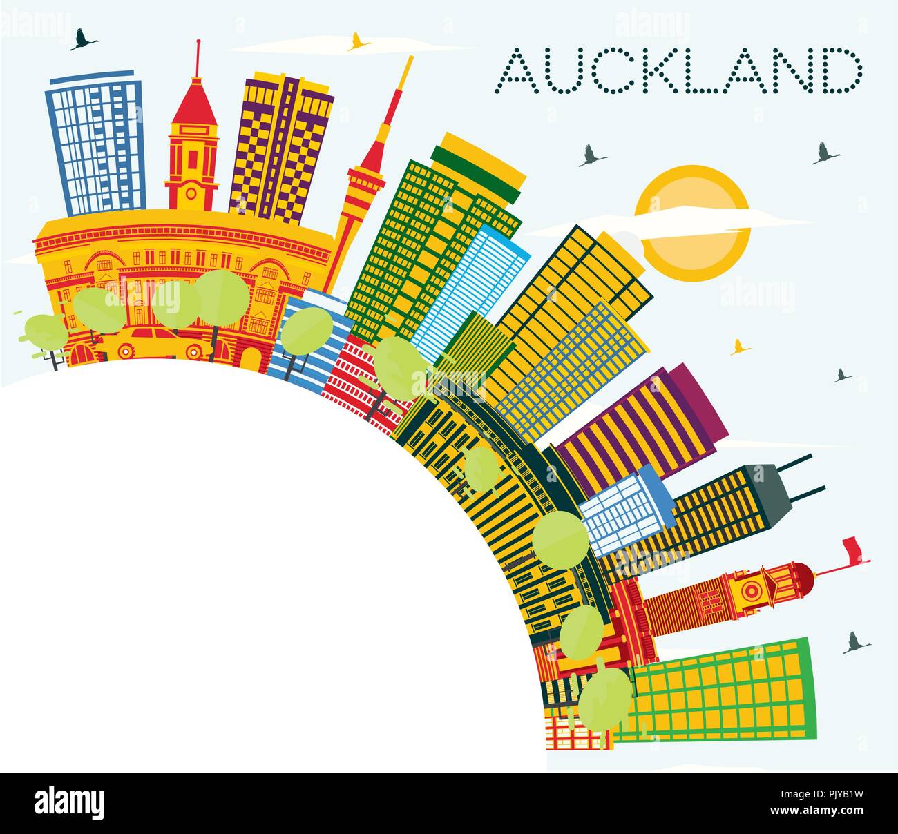 Auckland Nuova Zelanda skyline della città con edifici di colore, il blu del cielo e spazio di copia. Illustrazione Vettoriale. Illustrazione Vettoriale