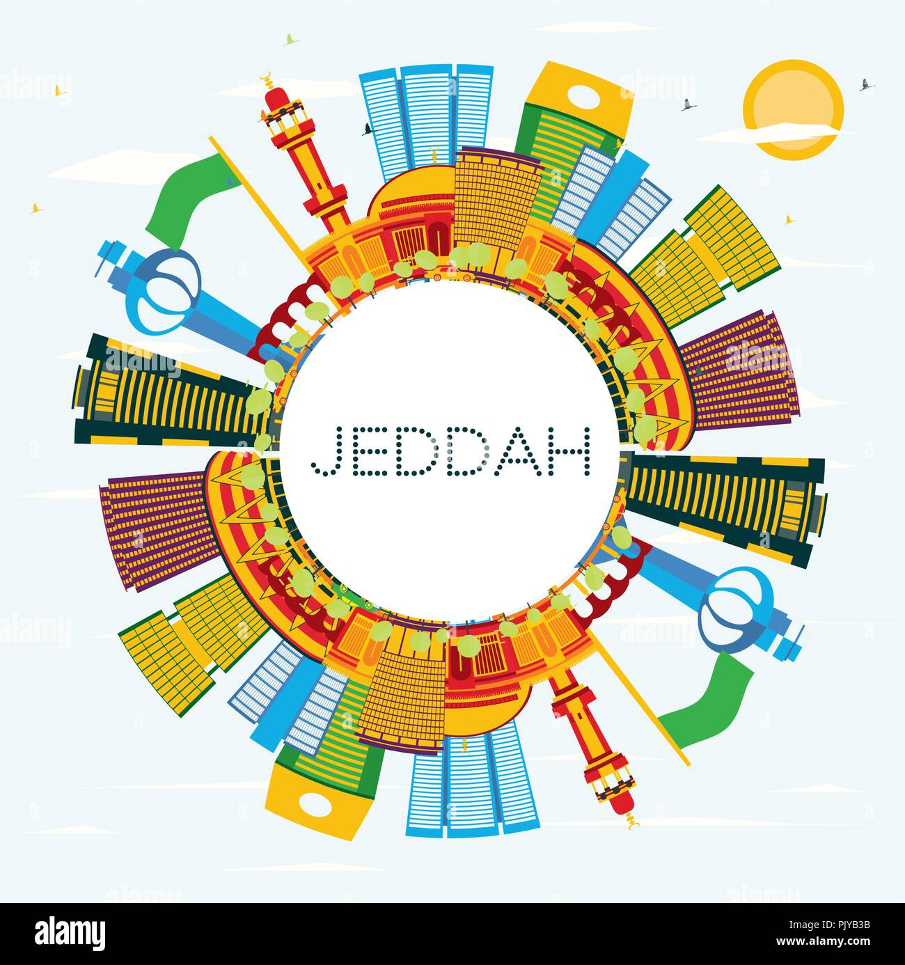 Jeddah Arabia Saudita skyline della città con edifici di colore, il blu del cielo e spazio di copia. Illustrazione Vettoriale. Illustrazione Vettoriale