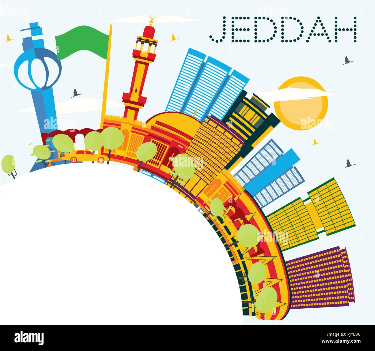 Jeddah Arabia Saudita skyline della città con edifici di colore, il blu del cielo e spazio di copia. Illustrazione Vettoriale. Illustrazione Vettoriale