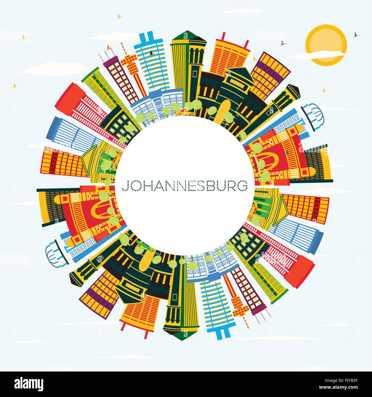 Johannesburg Sudafrica skyline della città con edifici di colore, il blu del cielo e spazio di copia. Illustrazione Vettoriale. Illustrazione Vettoriale