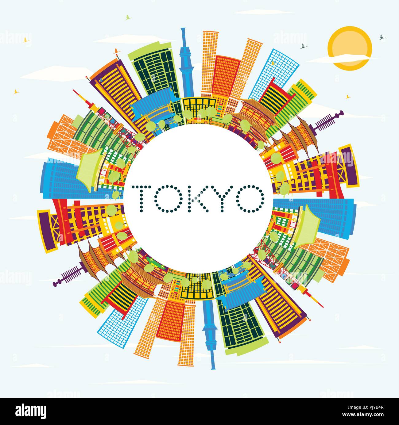 Tokyo Giappone skyline della città con edifici di colore, il blu del cielo e spazio di copia. Illustrazione Vettoriale. Illustrazione Vettoriale