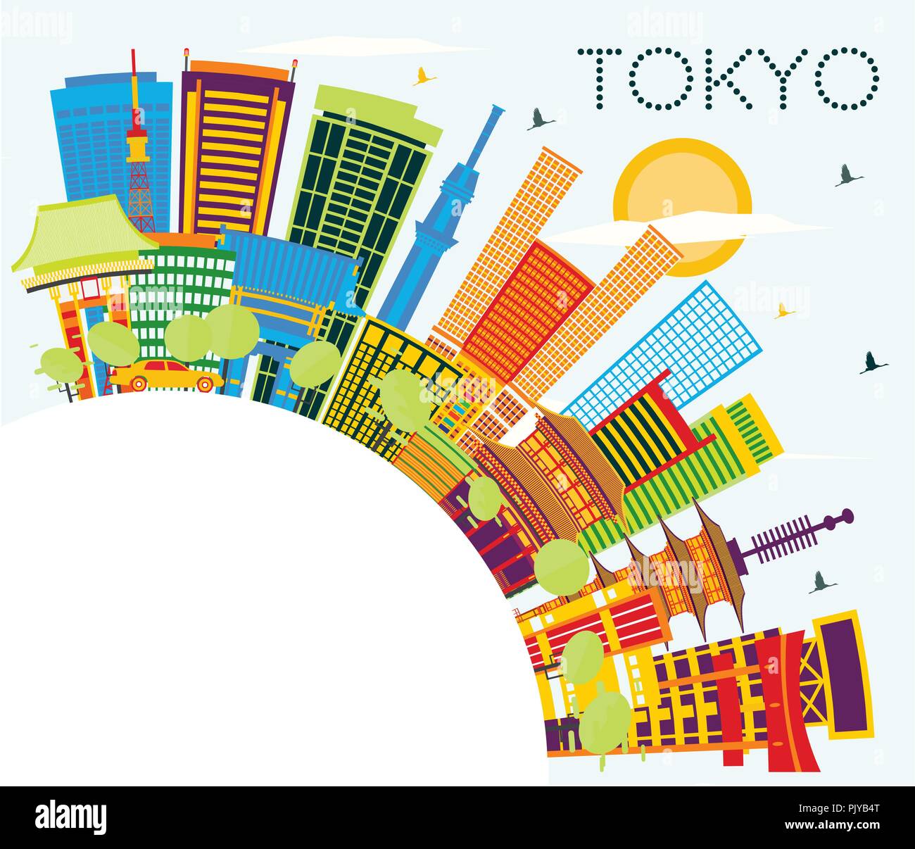 Tokyo Giappone skyline della città con edifici di colore, il blu del cielo e spazio di copia. Illustrazione Vettoriale. Illustrazione Vettoriale