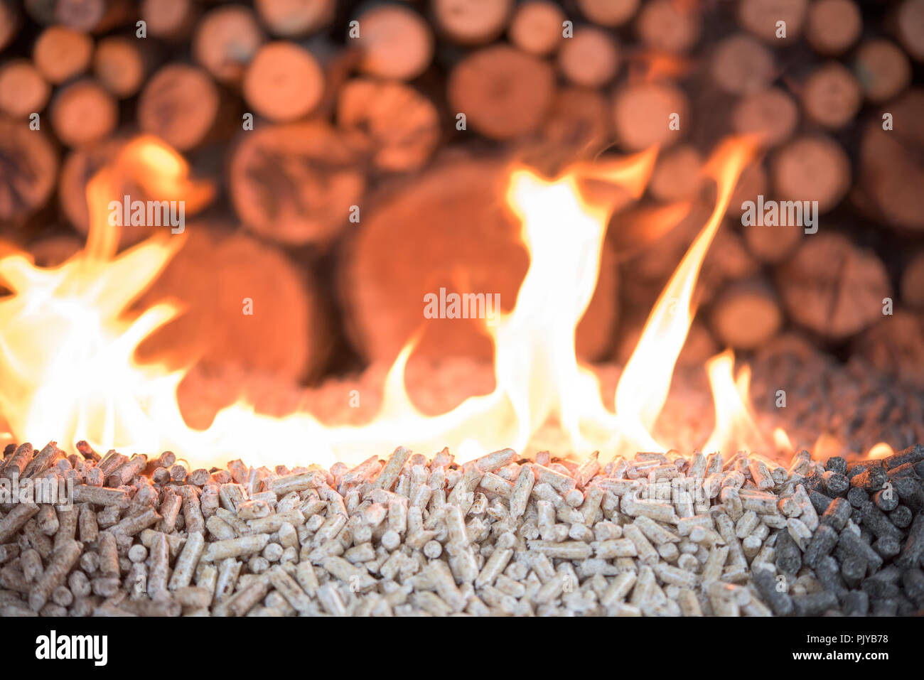 Massa di legno nel fuoco - agglomerati in forma di pellets e la pila di legno Foto Stock